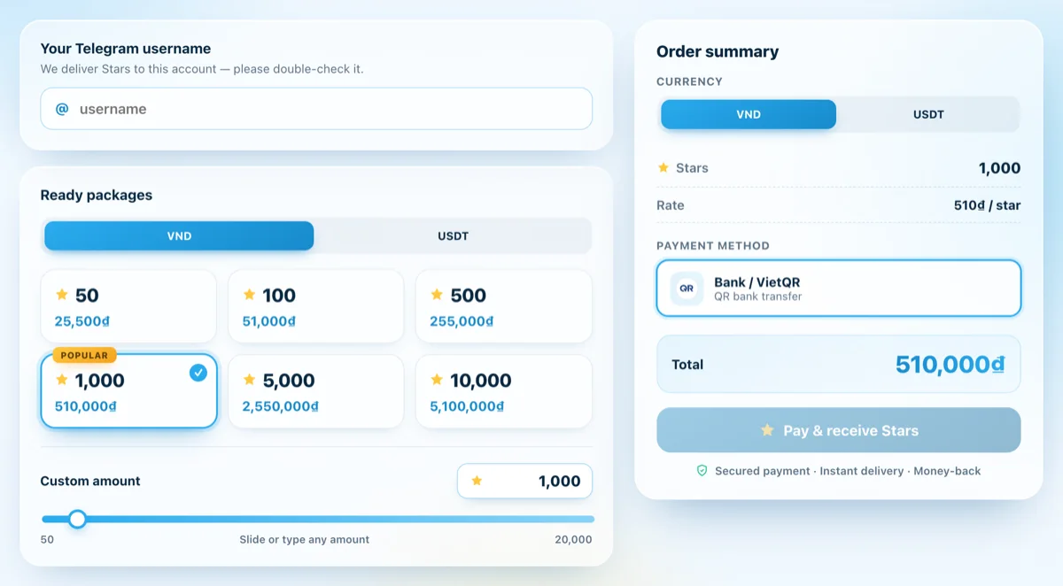 Telegram Stars order screen on saotelegram.com