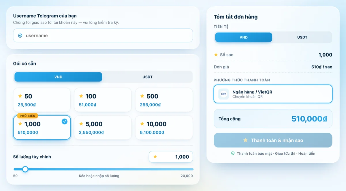 Màn hình đặt mua sao Telegram trên saotelegram.com