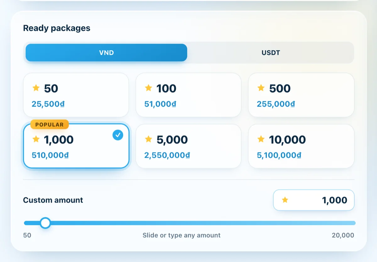 Telegram Stars packages and prices on saotelegram.com